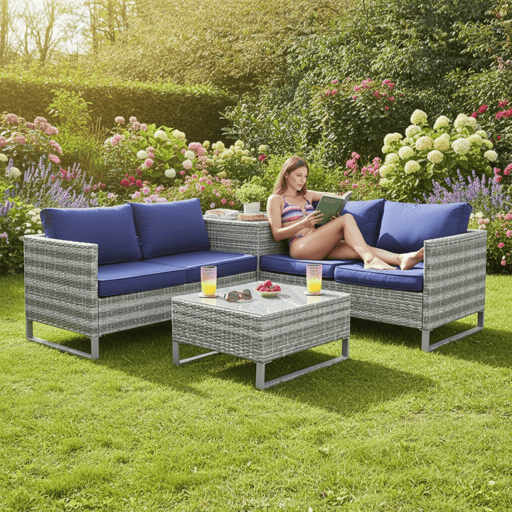 Treviso Garden Sofa Set Grey Rattan Coffee Table Ottoman