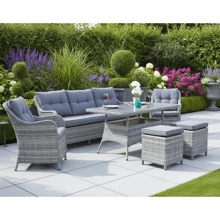 Barletta Garden Dining Set 3 Seater Sofa Grey Rattan Armchairs