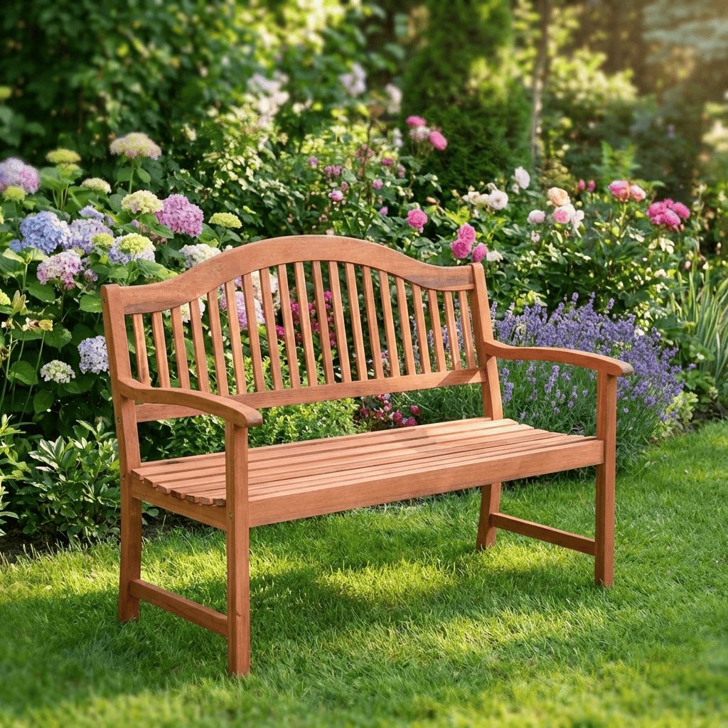 Wooden bench in a garden with flowers and greenery