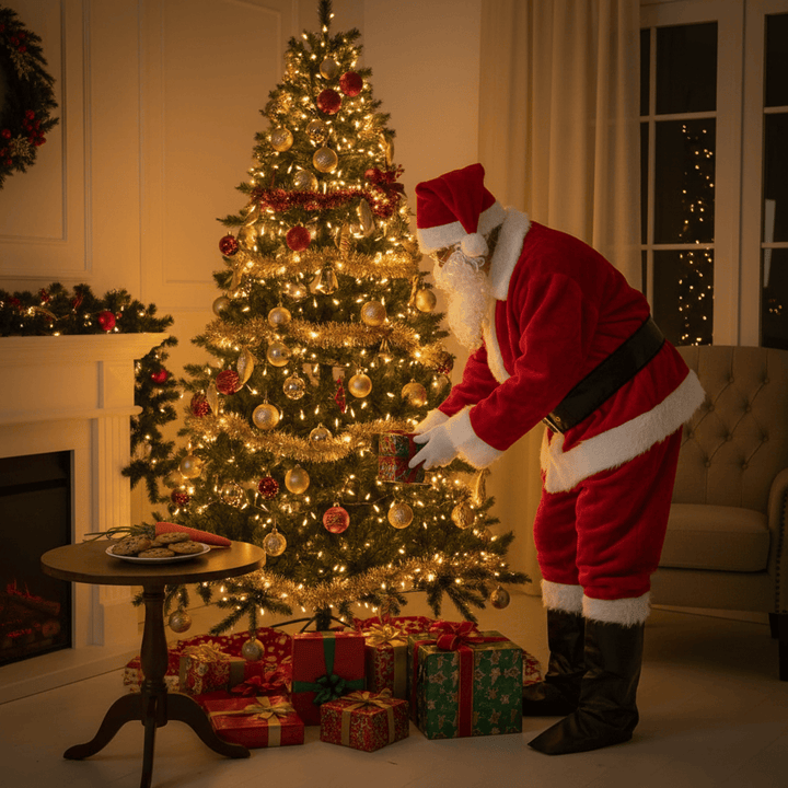 Santa Claus decorating a Christmas tree in a cozy living room.