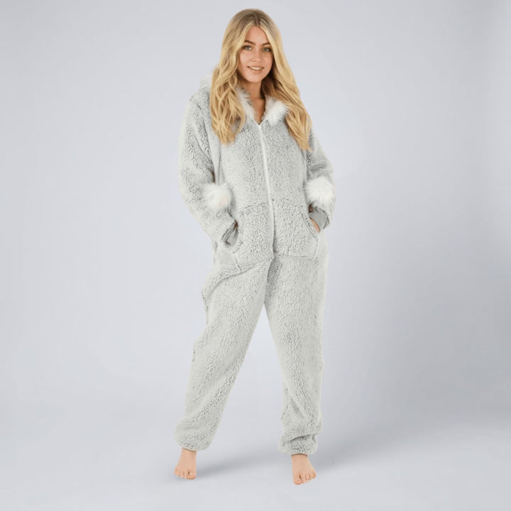 Womens All in One Pyjama Suit Faux Fur Hood Pom Poms Fleece