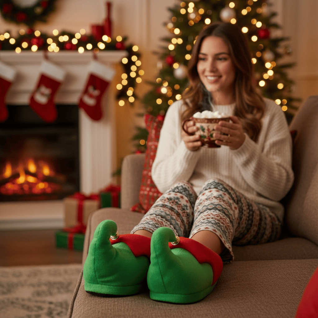 Woman in festive attire sitting on a couch with a hot chocolate mug, surrounded by Christmas decorations.
