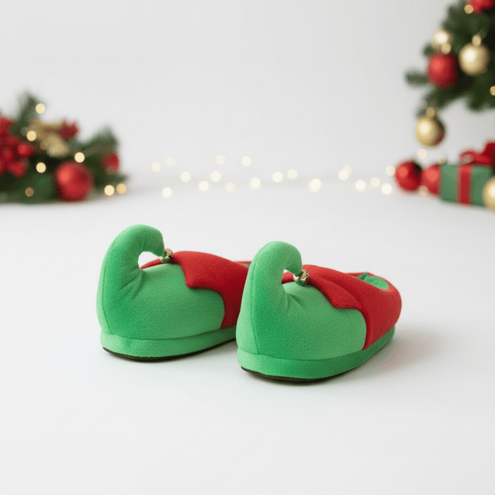 Womens Christmas Elf Slippers Jingle Bells Green Red