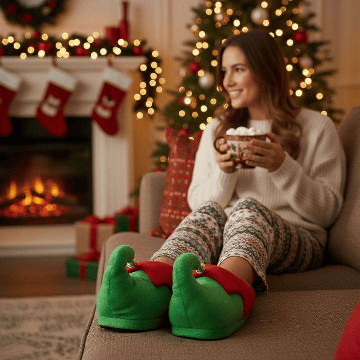 Woman in festive slippers holding a mug in front of a Christmas tree and fireplace.