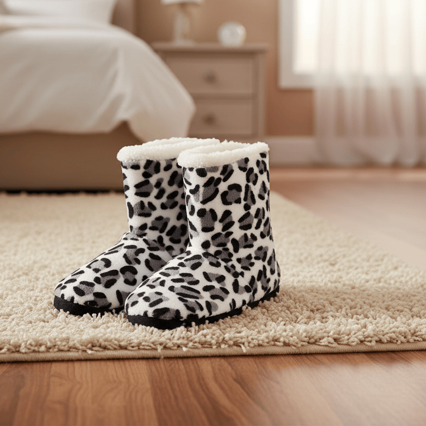 Pair of leopard print slippers on a carpeted floor in a bedroom.