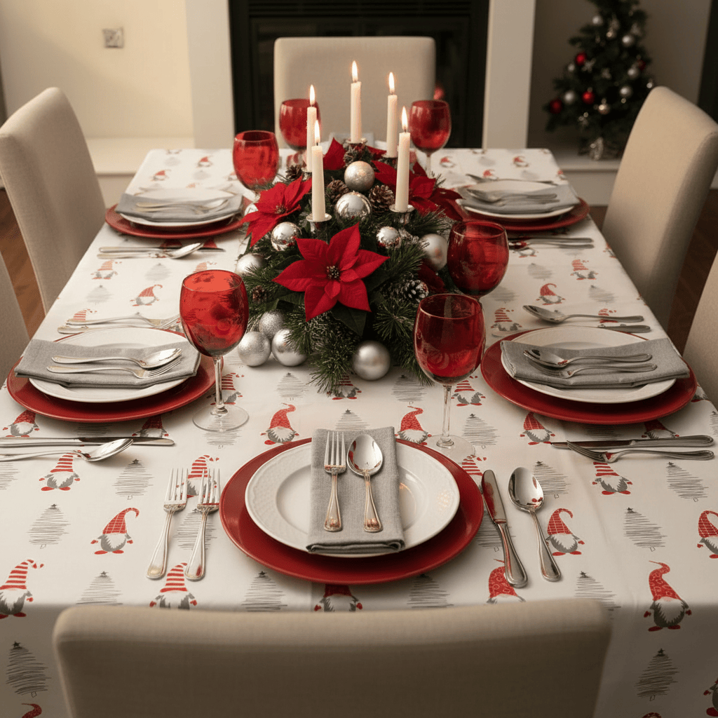 Dining table set for Christmas with red glasses, silverware, and a festive tablecloth.