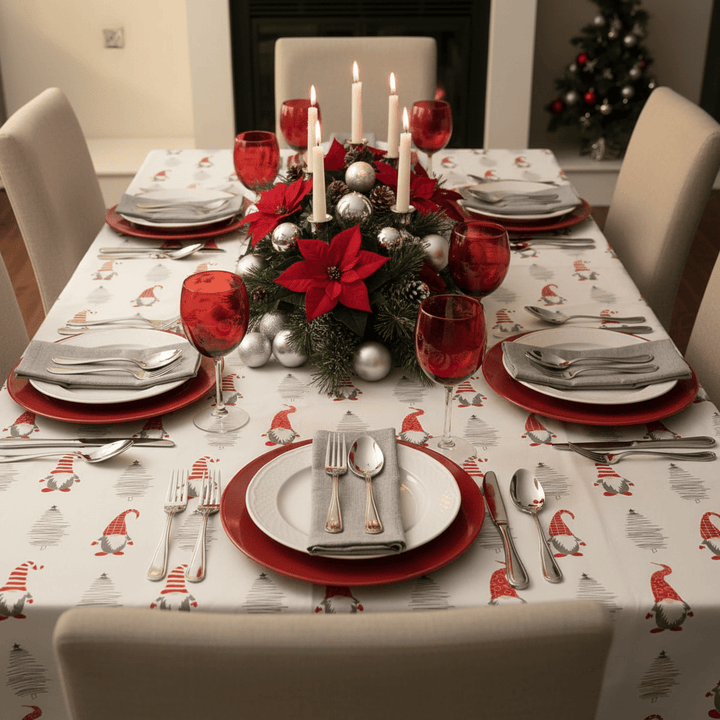 Dining table set for Christmas with red glasses, silverware, and a festive tablecloth.