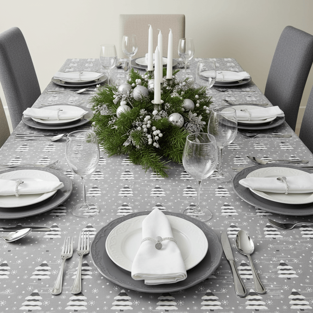 Dining table set with Christmas decorations, including a centerpiece of greenery and ornaments, on a patterned tablecloth.