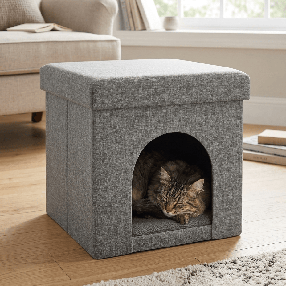 Cat lying inside a gray ottoman with a cat house design in a living room.