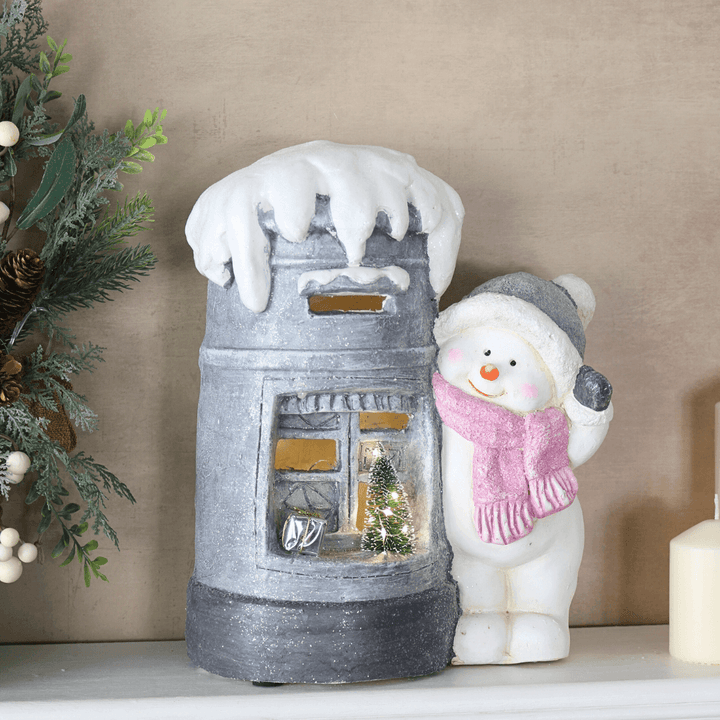 LED Post Box Light Up Christmas Decoration Snowman Ceramic 36cm