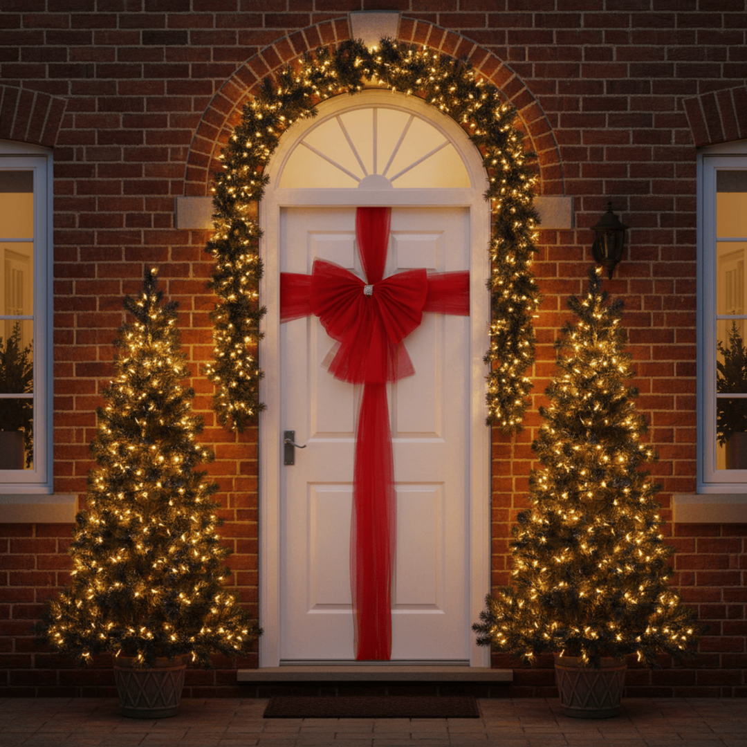 Decorative Christmas setup with a door wreath, red bow, and two lit trees in front of a brick building.