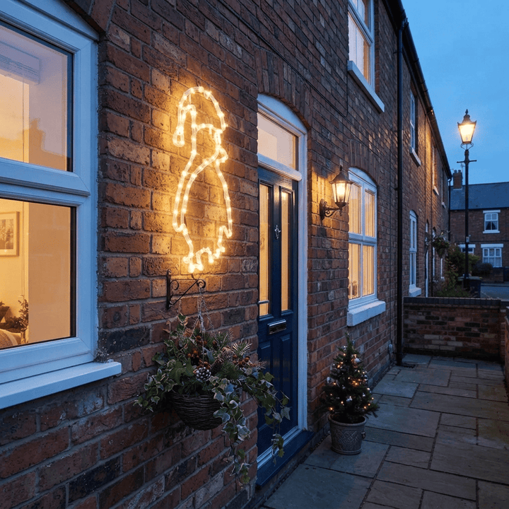 A brick house exterior at dusk with a glowing white penguin-shaped wall light mounted beside a blue front door. White-framed windows, wall-mounted lights, hanging planters, and a small potted tree with warm lights line the walkway.