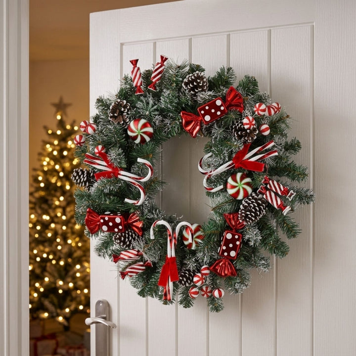 30" Christmas Wreath Candy Canes Sweets Snow Pine Cones