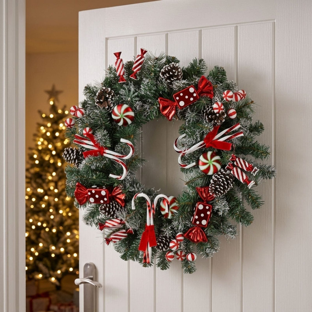 30" Christmas Wreath Candy Canes Sweets Snow Pine Cones