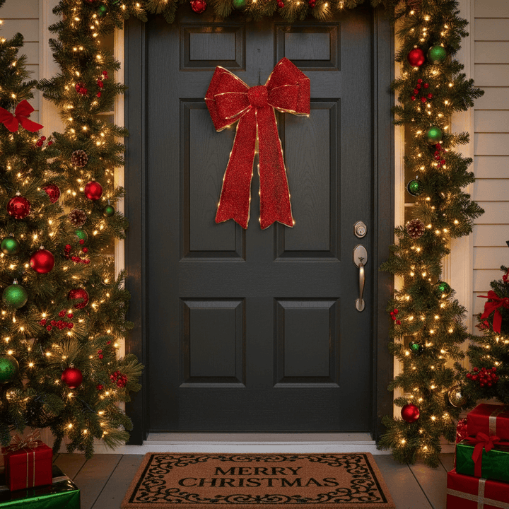 Decorated front door with a red bow, Christmas lights, and wreaths.
