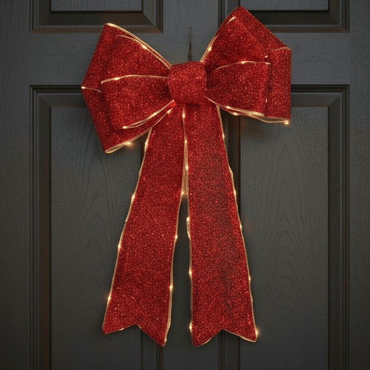 Red glittery bow with lights on a dark wooden door