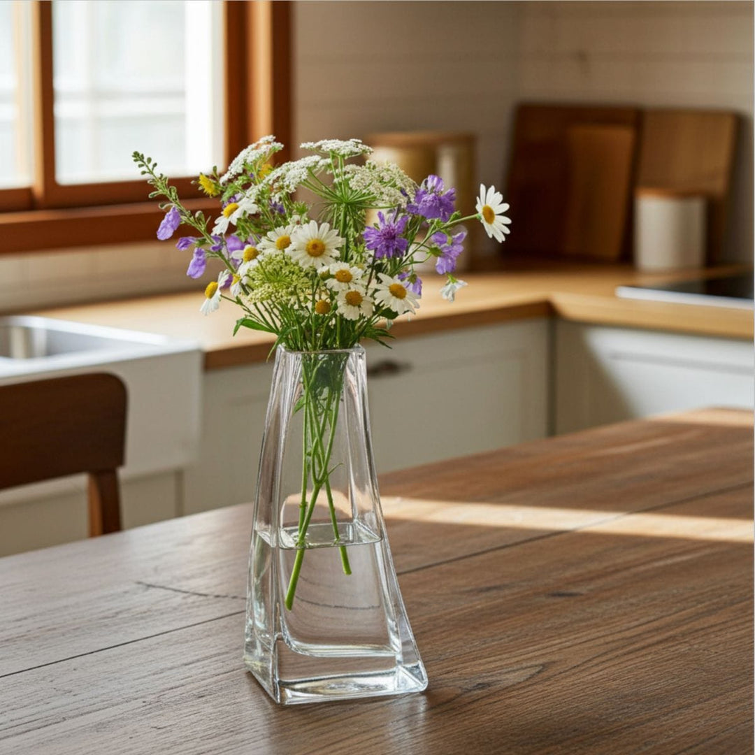Clear glass vase with flowers on a wooden table in a kitchen