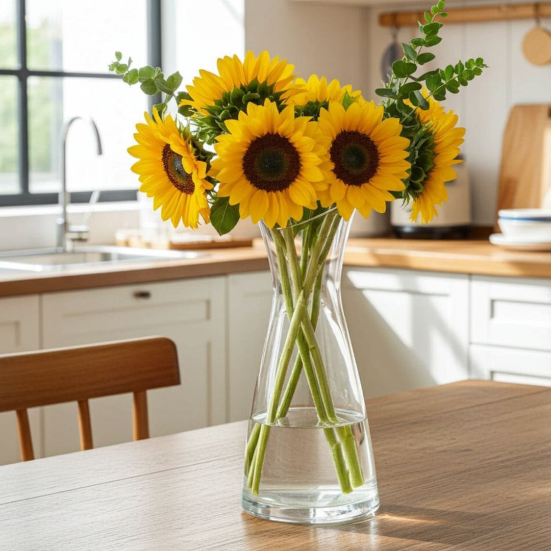 Clear vase with sunflowers on a kitchen counter