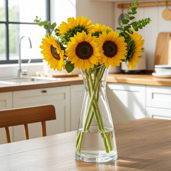 Clear vase with sunflowers on a kitchen counter