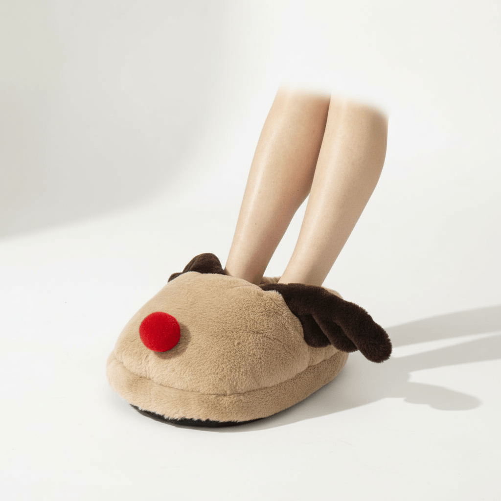 Beige Single Large Foot Warmer slipper with reindeer design worn by a person on a white background