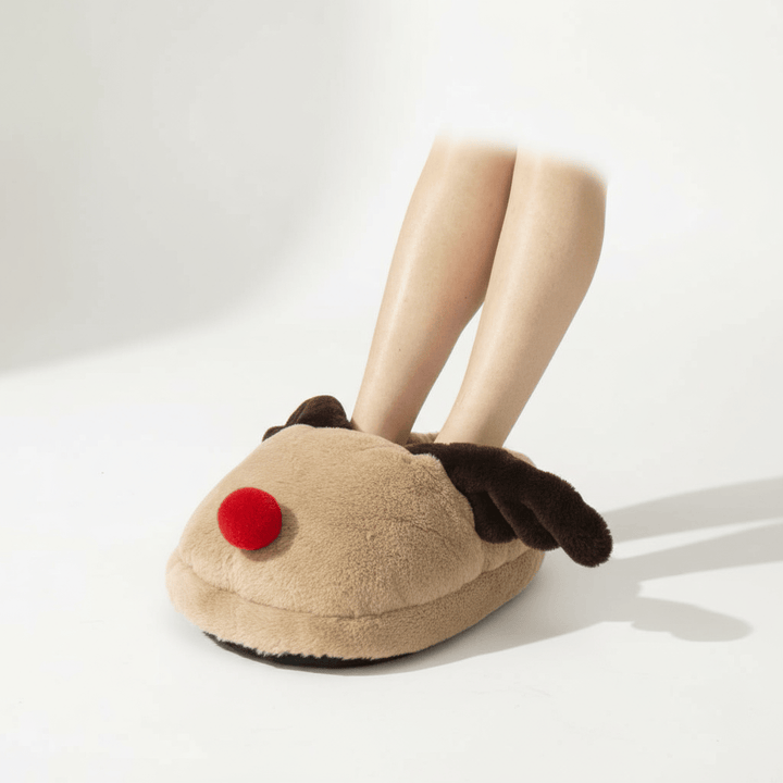 Beige Single Large Foot Warmer slipper with reindeer design worn by a person on a white background