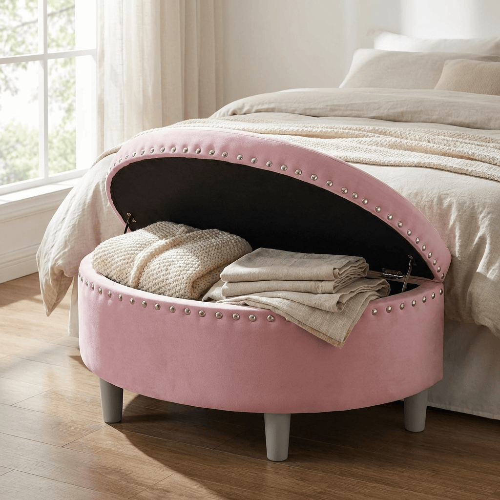 Half Moon Storage Ottoman Velvet Round Padded Seat