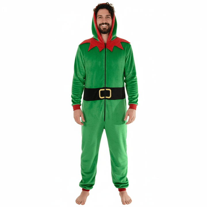 Person wearing a green elf onesie with red accents on a white background