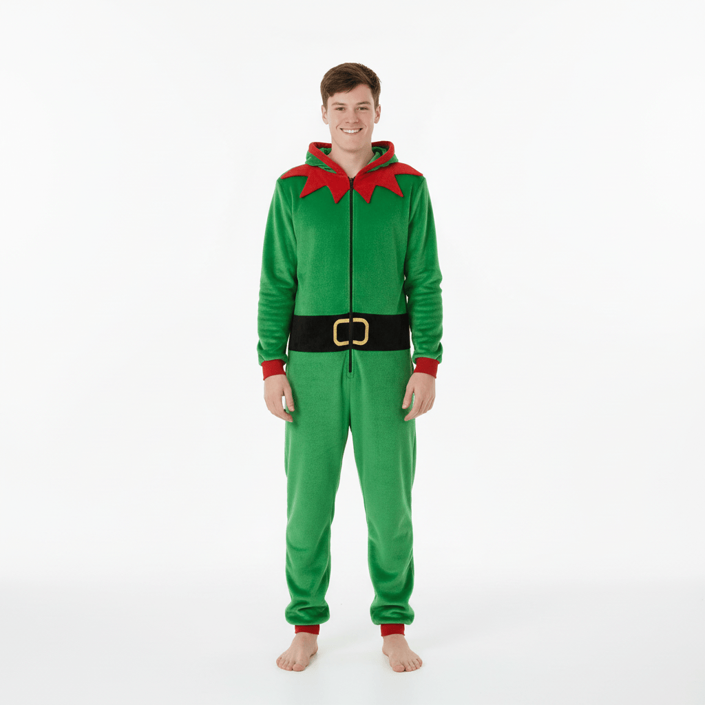 Person wearing a green elf onesie with red accents on a white background