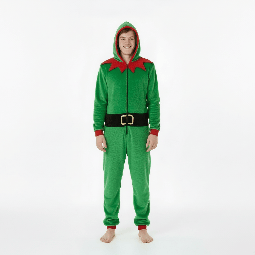 Person wearing a green elf onesie with red accents on a white background