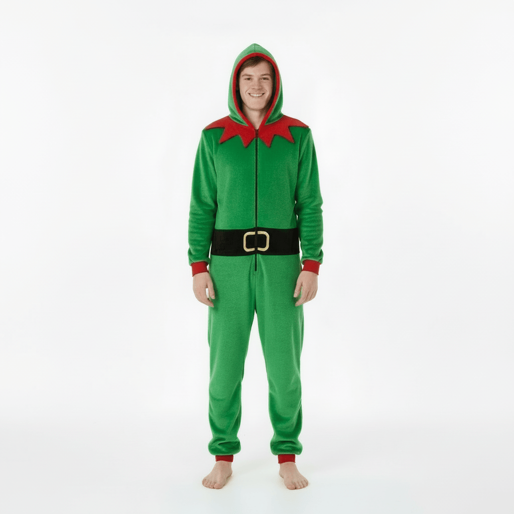 Person wearing a green elf onesie with red accents on a white background