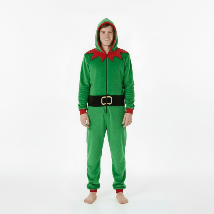 Person wearing a green elf onesie with red accents on a white background
