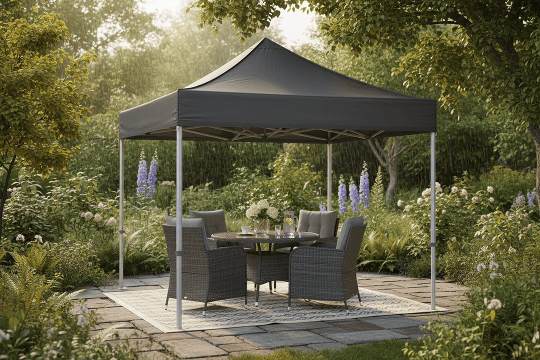 Garden gazebo with outdoor furniture in a lush garden setting