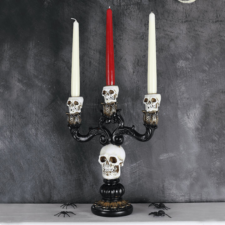 3 Candle Skull Candelabra Black Gold Halloween Decoration 30cm