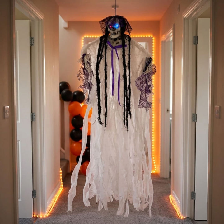 4ft Hanging Skeleton Flashing Eyes Purple Bow Webs Decoration