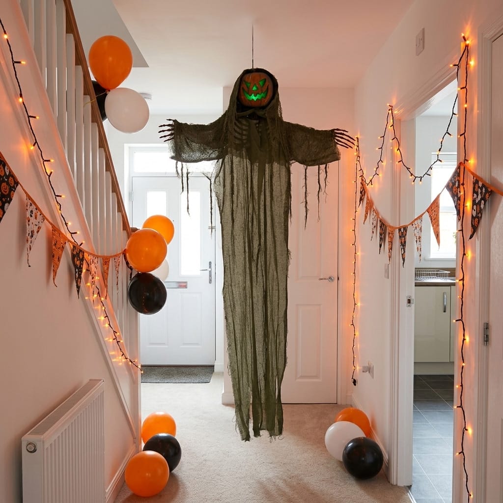 A Halloween hallway decoration featuring a hanging green scarecrow figure with outstretched arms and a glowing jack-o'-lantern head, surrounded by orange and black balloons, bunting, and warm string lights.