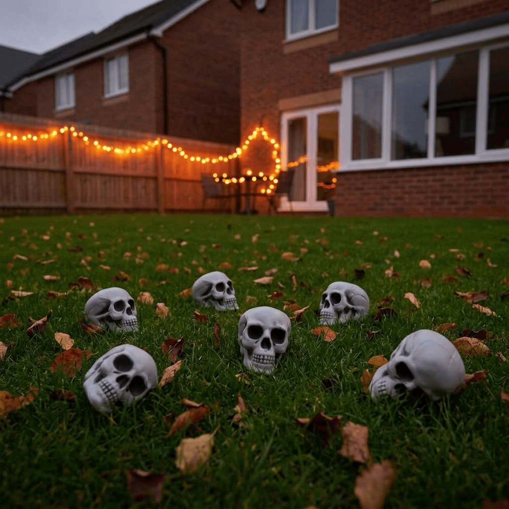 Six white skull decorations arranged on a green lawn scattered with autumn leaves, set in a backyard with warm string lights and a brick house in the background.
