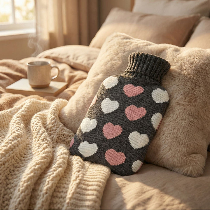 Hot Water Bottle 2 Litre Soft Knitted Cover Grey Pink