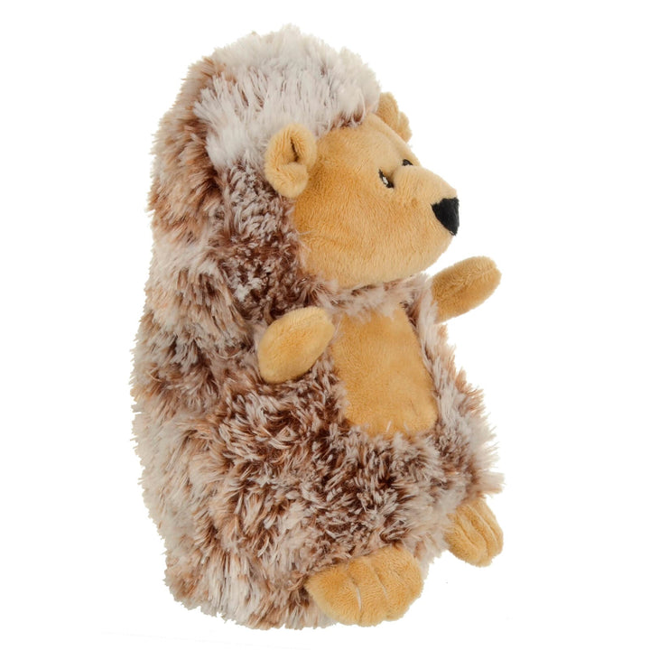 Side view of a plush 3D hedgehog heat pad on a white background