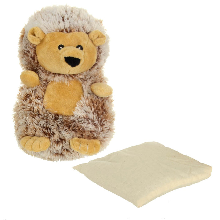 Plush padded hedgehog heat pack with insert on a white background
