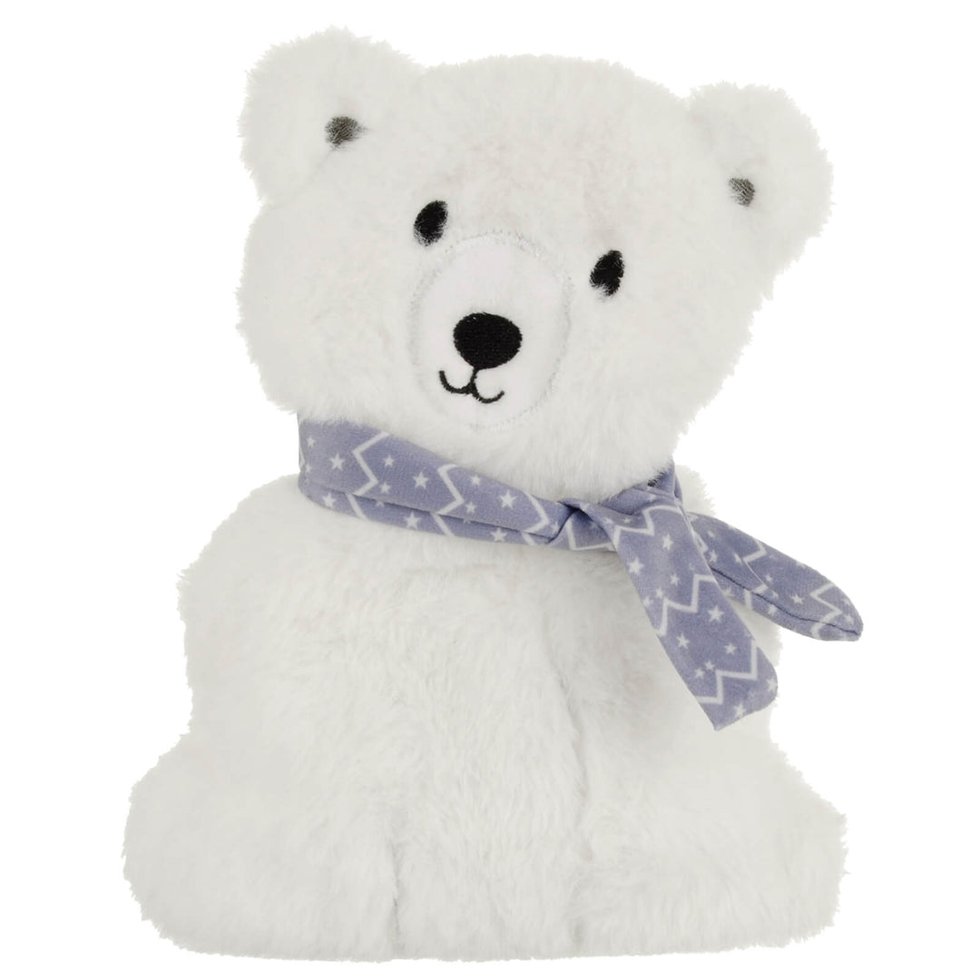 White plush polar bear heat pack on a white background
