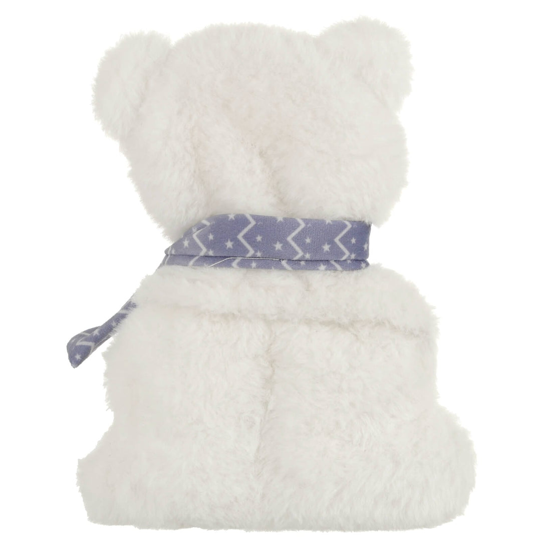 Back of a plush polar bear heat pack with blue scarf on a white background
