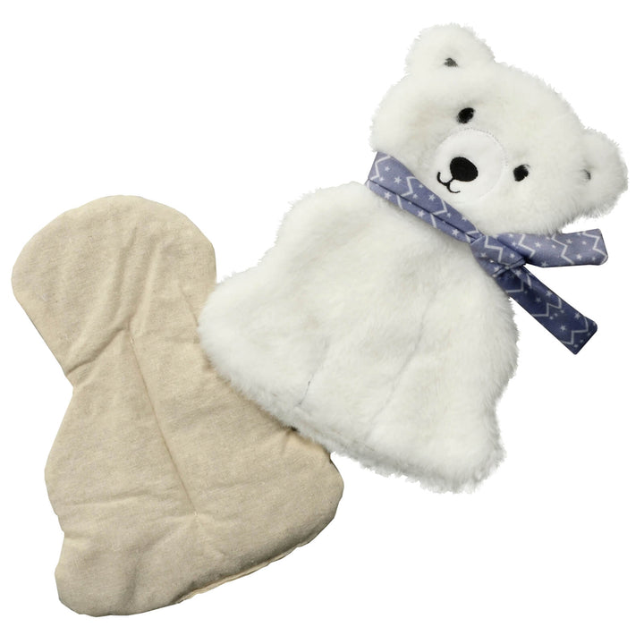 Plush polar bear beside a microwavable insert heat pack on a white background
