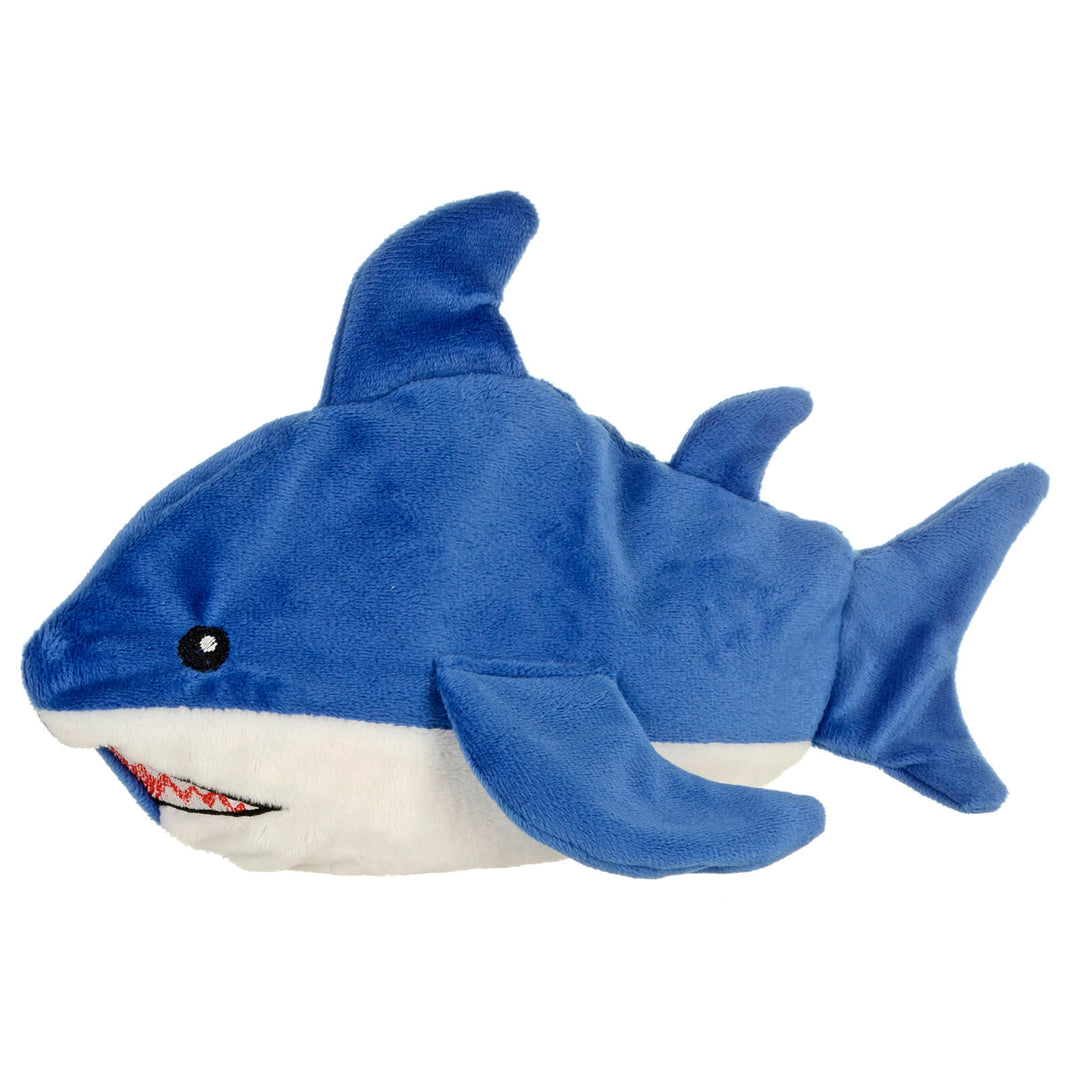 Blue and white plush shark heat pack on a white background