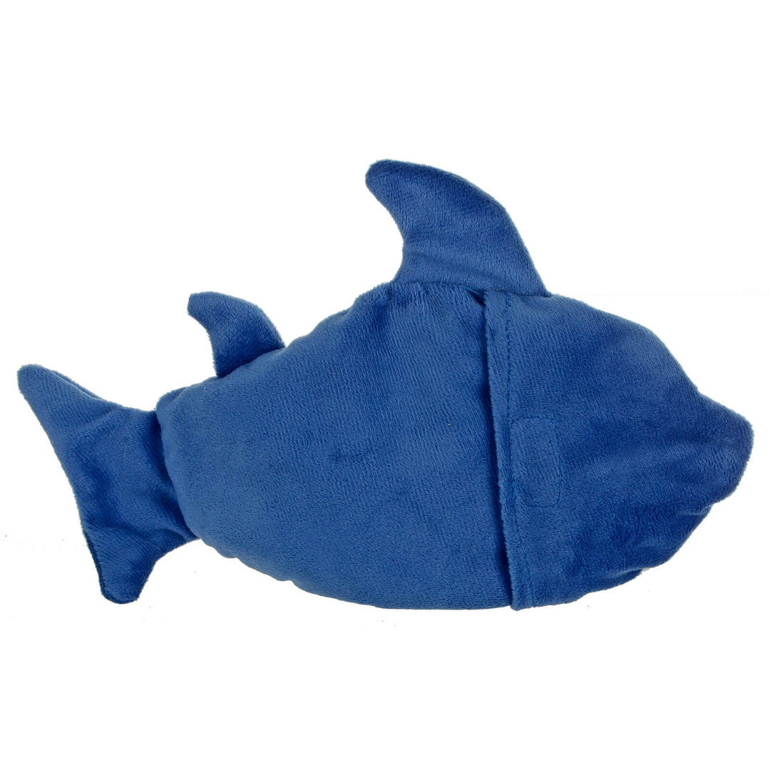 Back view of a shark shaped heat pack with hook and loop opening on a white background