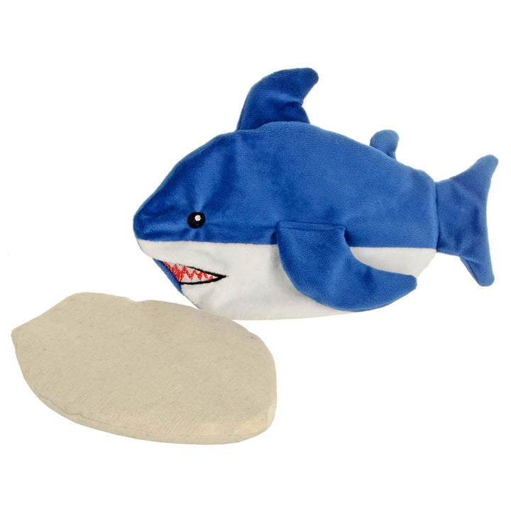 blue shark plush heat pack with insert on a white background