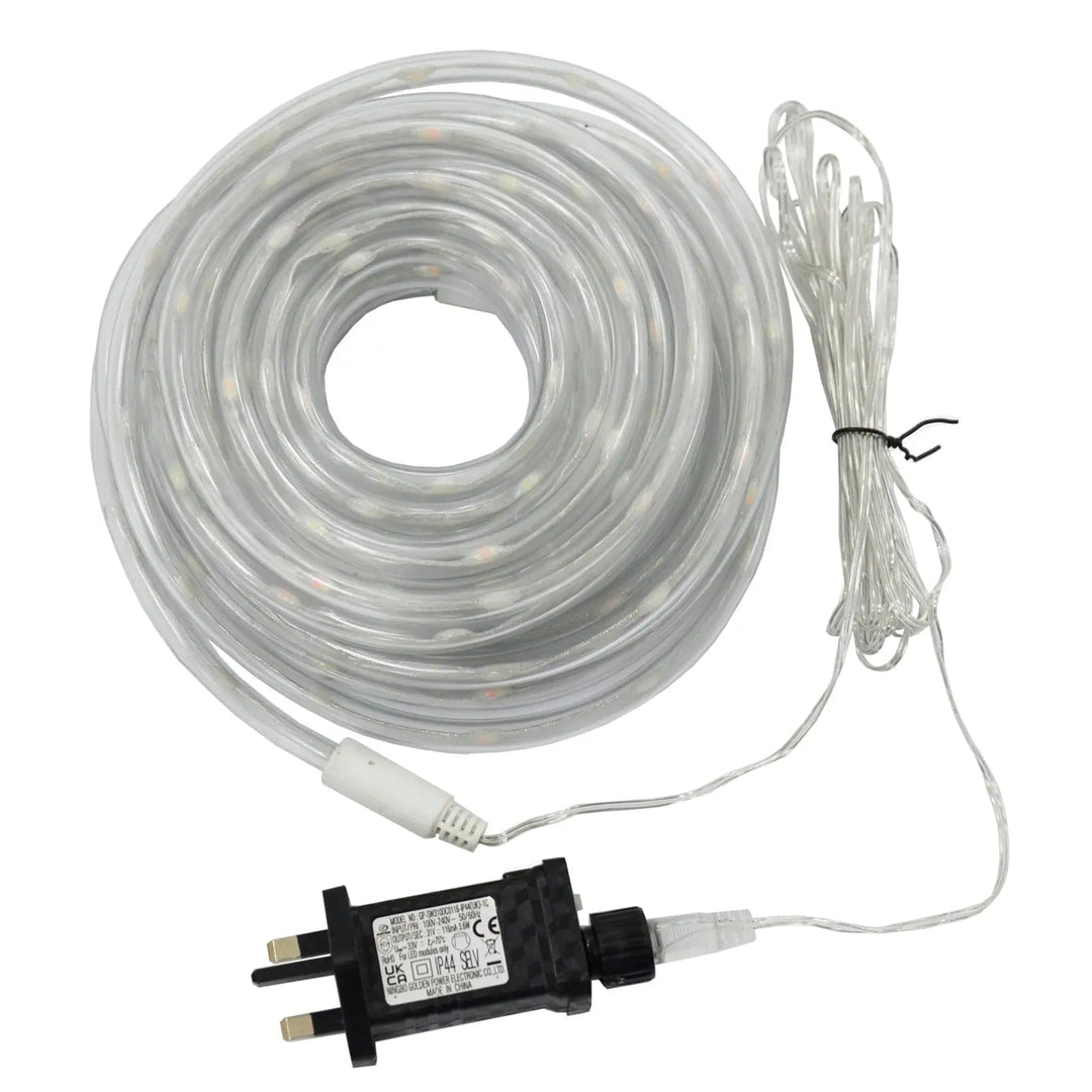 Coil of transparent Christmas rope light with plug in transformer