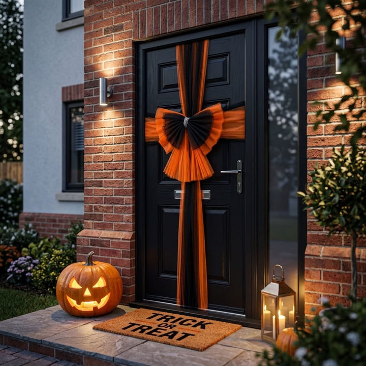 A black front door decorated for Halloween with an orange and black bow, set in a brick house entryway with a lit jack-o&