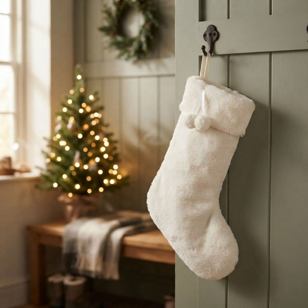 A fluffy off-white Christmas stocking hangs from a dark metal hook on a muted green wooden door, with a softly blurred christmas scene in the background including a lit Christmas tree and wreath.