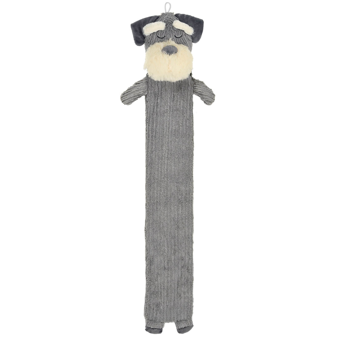 Long plush grey dog hot water bottle on a white background
