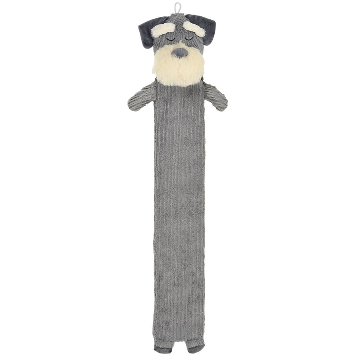 Long plush grey dog hot water bottle on a white background